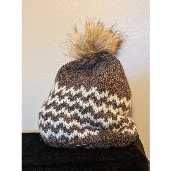 Pistil Brown/Cream ZigZag Print Knit Faux Fur Pom Pom Beanie - Picture 1 of 8